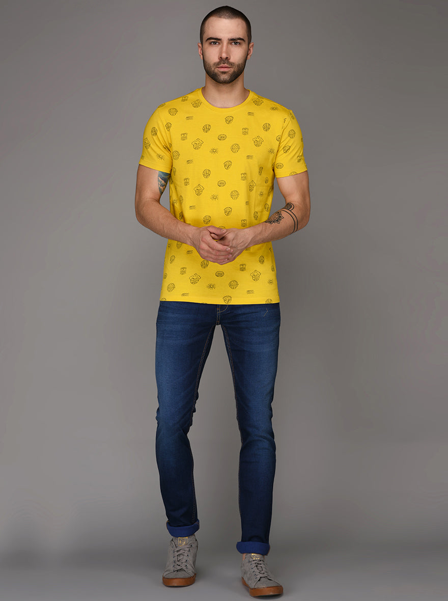 Bright Yellow Printed Slim Fit Round Neck T-Shirt | JB Sport