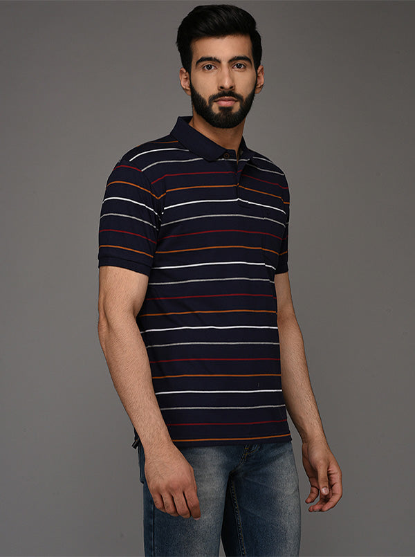 Greenfibre Navy Blue Striped Slim Fit Polo T-Shirt