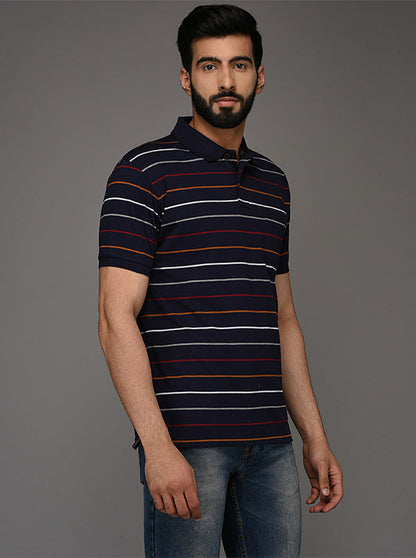 Greenfibre Navy Blue Striped Slim Fit Polo T-Shirt