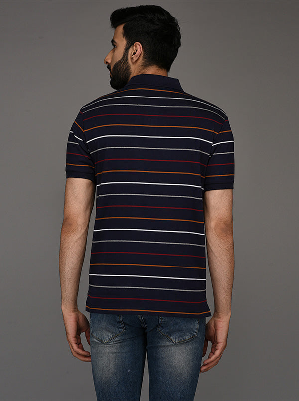 Greenfibre Navy Blue Striped Slim Fit Polo T-Shirt