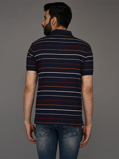 Greenfibre Navy Blue Striped Slim Fit Polo T-Shirt