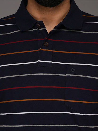 Greenfibre Navy Blue Striped Slim Fit Polo T-Shirt