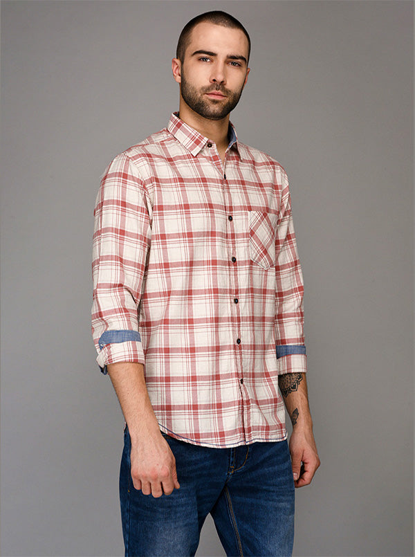 Greenfibre White & Pink Checked Slim Fit Casual Shirt