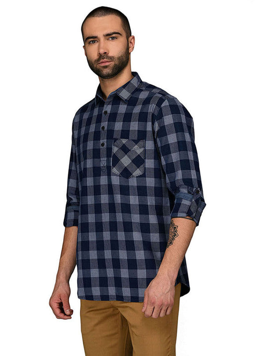 JB Sport Indigo Blue Checked Slim Fit Casual Shirt