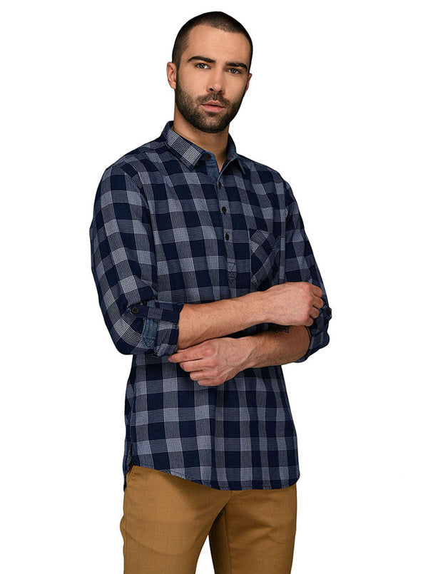 JB Sport Indigo Blue Checked Slim Fit Casual Shirt