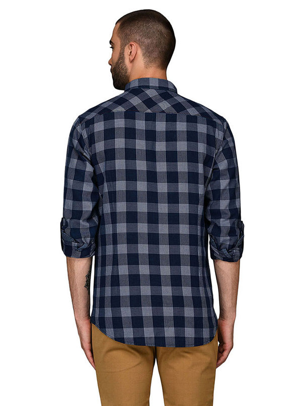 JB Sport Indigo Blue Checked Slim Fit Casual Shirt