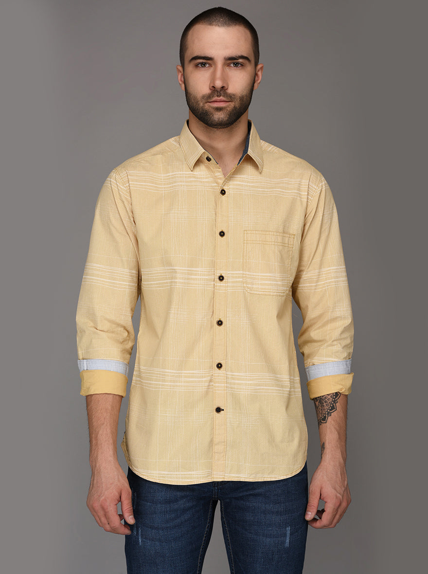 Greenfibre Sand Yellow Striped Slim Fit Casual Shirt