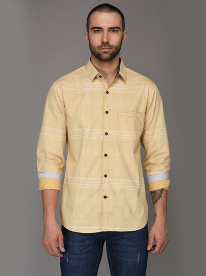Greenfibre Sand Yellow Striped Slim Fit Casual Shirt