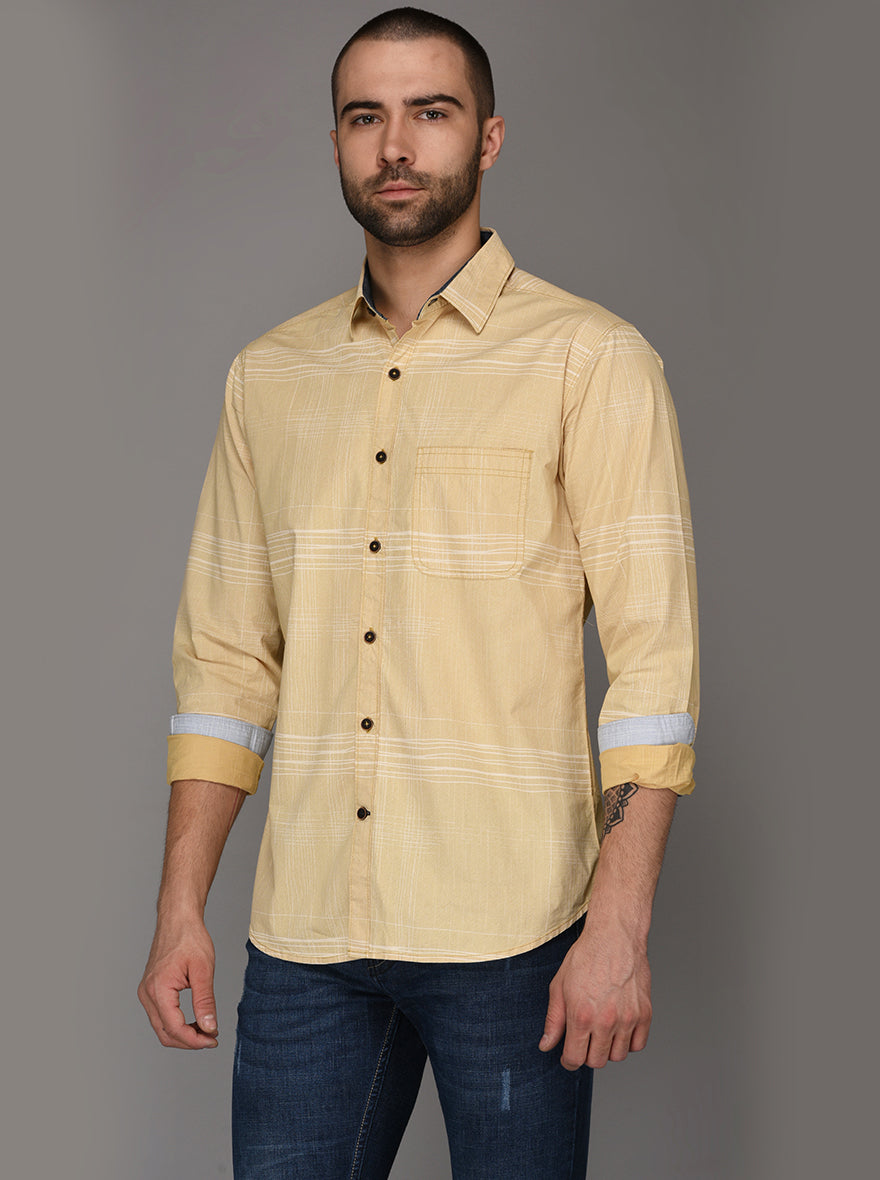 Greenfibre Sand Yellow Striped Slim Fit Casual Shirt
