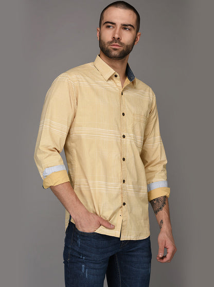 Greenfibre Sand Yellow Striped Slim Fit Casual Shirt