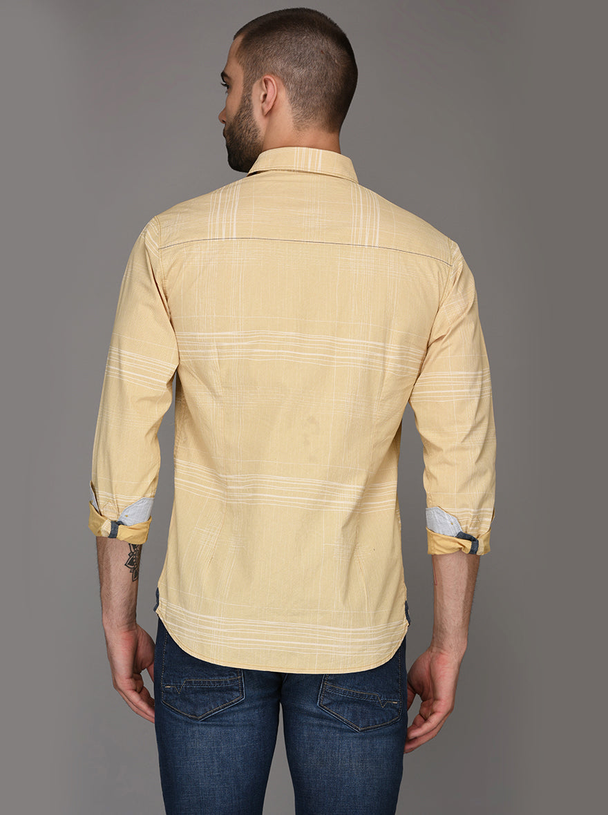Greenfibre Sand Yellow Striped Slim Fit Casual Shirt