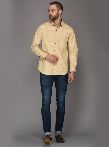 Greenfibre Sand Yellow Striped Slim Fit Casual Shirt