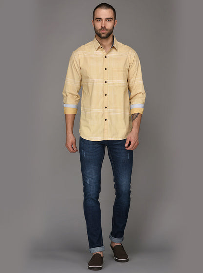 Greenfibre Sand Yellow Striped Slim Fit Casual Shirt