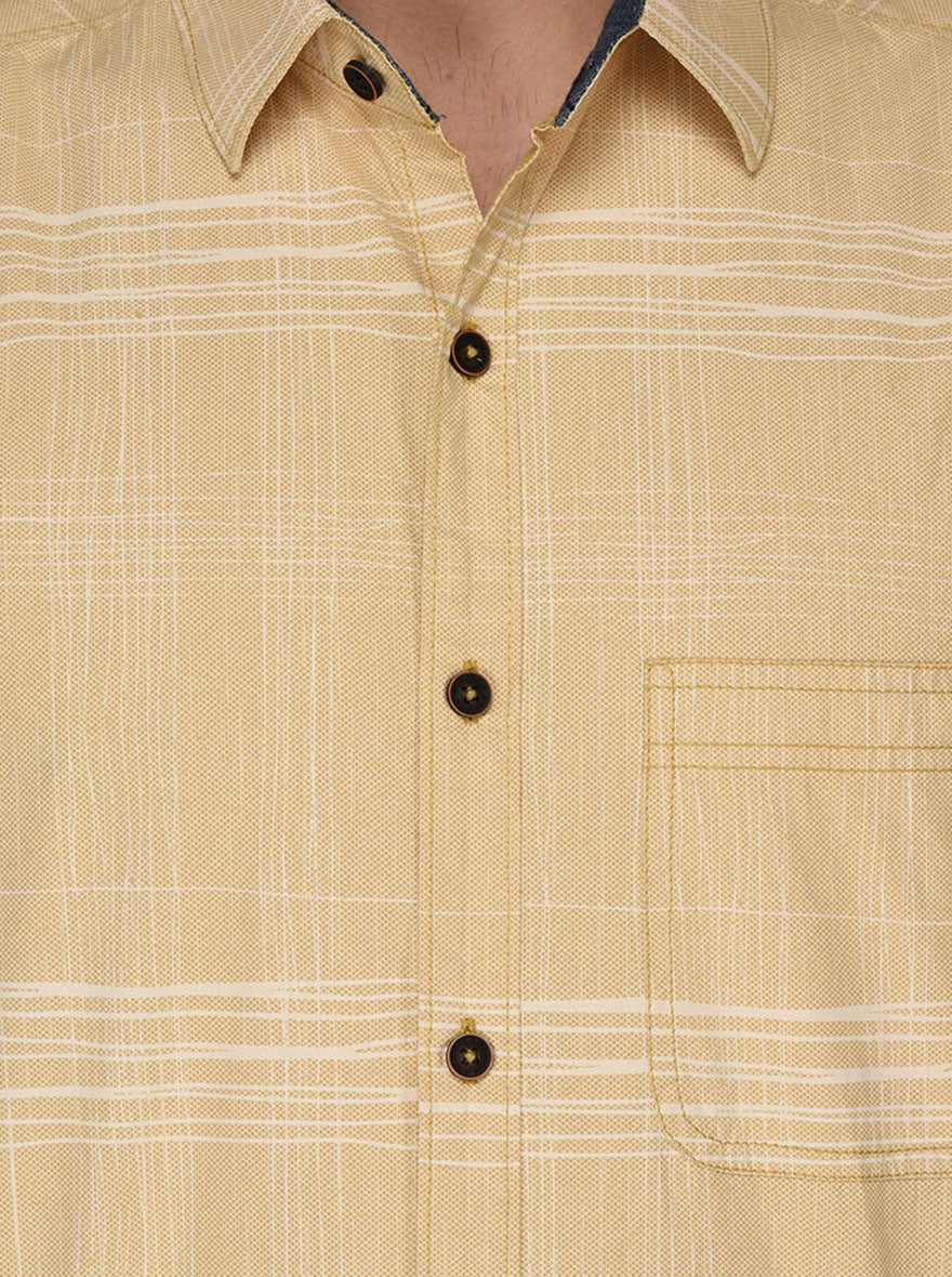 Greenfibre Sand Yellow Striped Slim Fit Casual Shirt