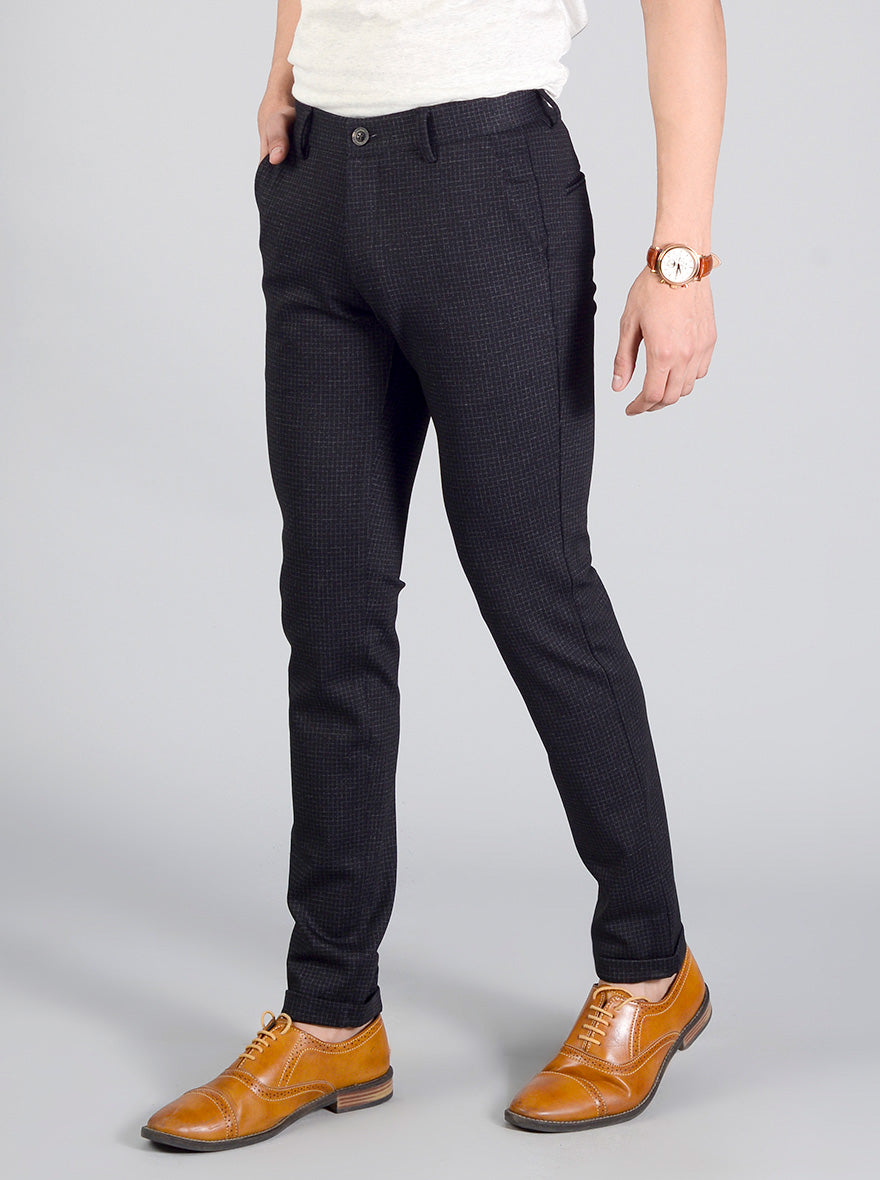 Black Checked Slim Fit Casual Trouser | JadeBlue