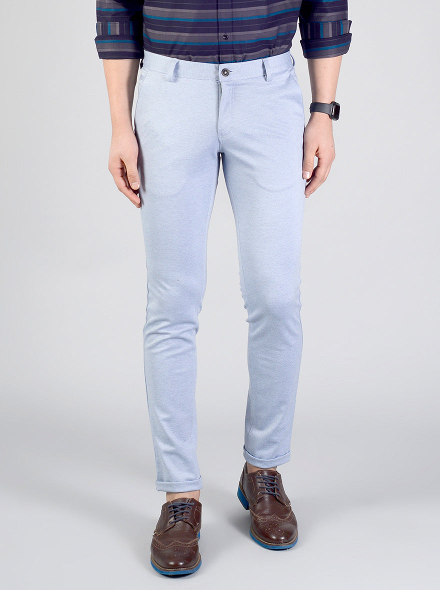 Blue Self Textured Slim Fit Casual Trouser | JadeBlue