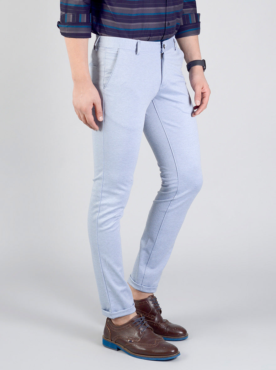 Blue Self Textured Slim Fit Casual Trouser | JadeBlue