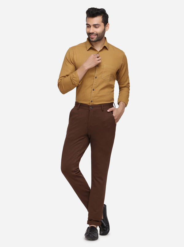 Brown Solid Slim Fit Casual Trouser | JadeBlue
