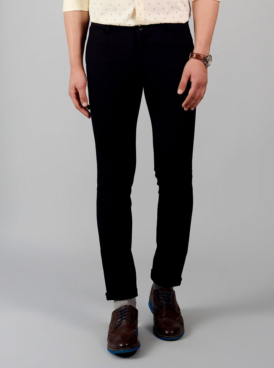 Jet Black Solid Slim Fit Casual Trouser | JadeBlue