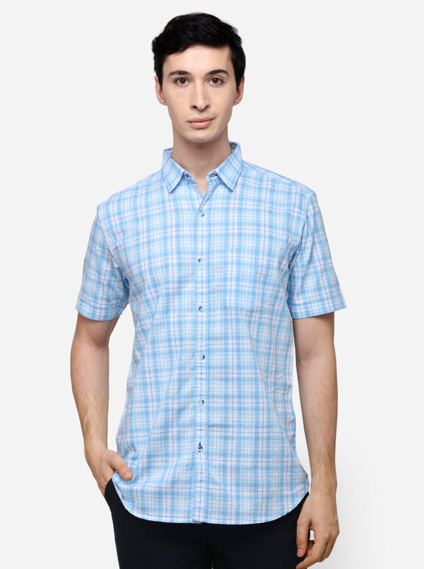 Sky Blue & White Slim Fit Checked Casual Shirt | JB Sport