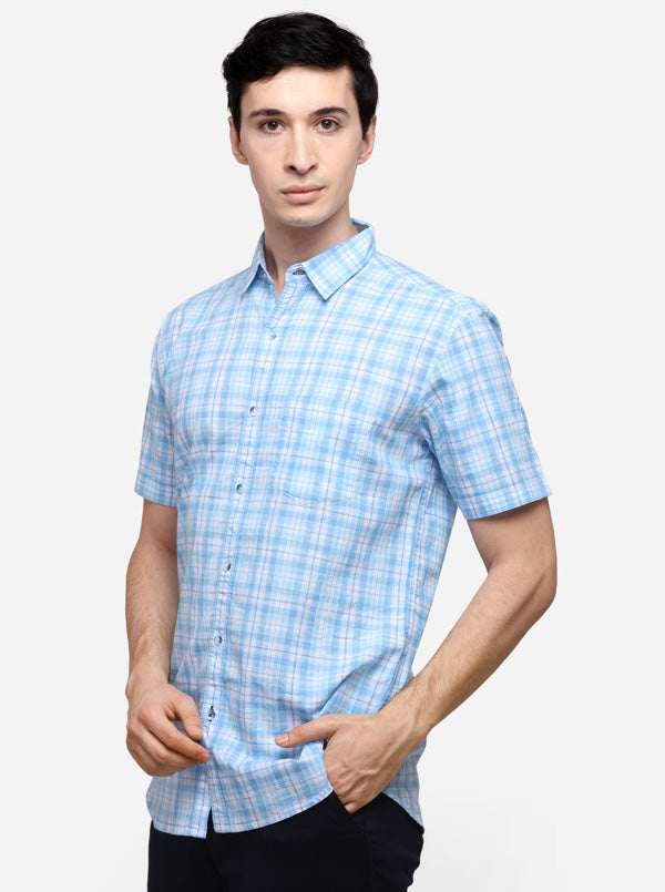 Sky Blue & White Slim Fit Checked Casual Shirt | JB Sport