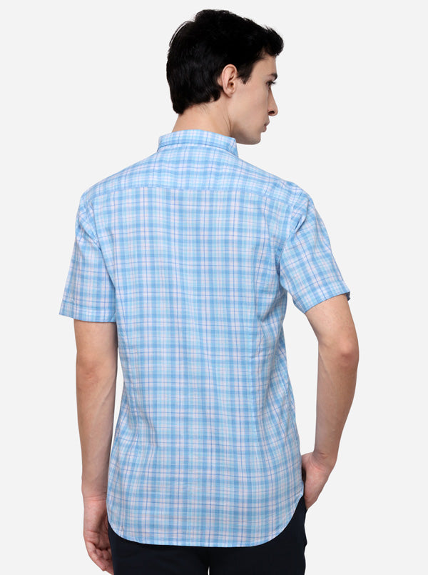 Sky Blue & White Slim Fit Checked Casual Shirt | JB Sport