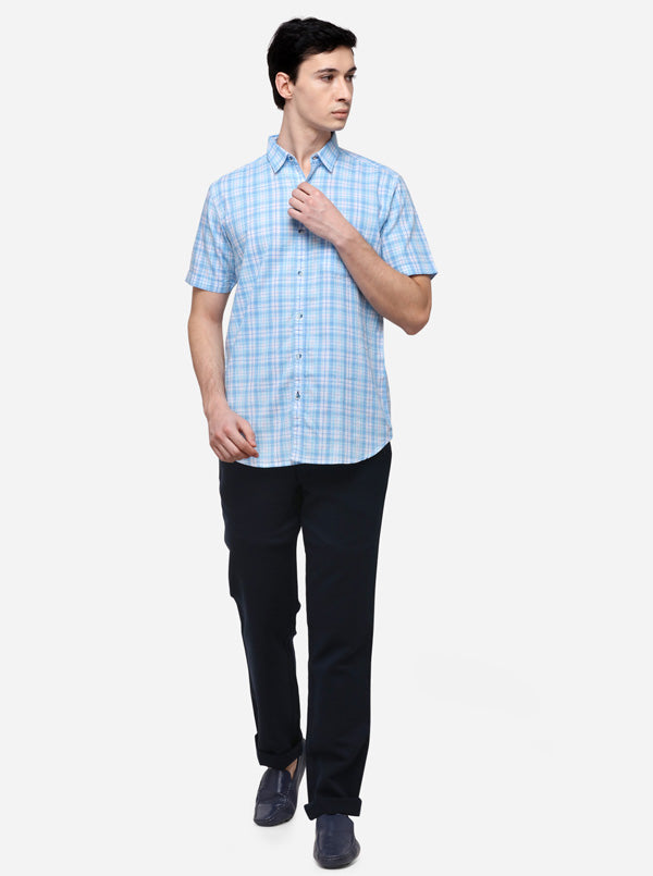 Sky Blue & White Slim Fit Checked Casual Shirt | JB Sport