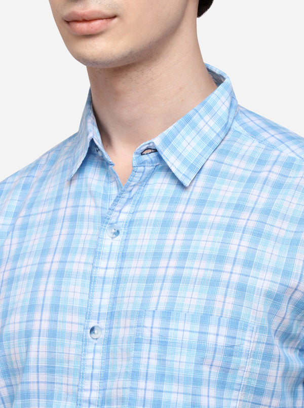 Sky Blue & White Slim Fit Checked Casual Shirt | JB Sport