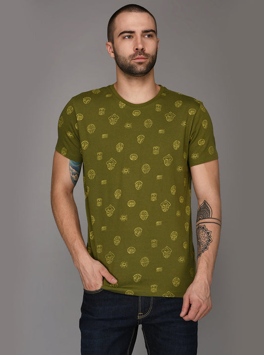 Olive Green Printed Slim Fit Round Neck T-Shirt | JB Sport
