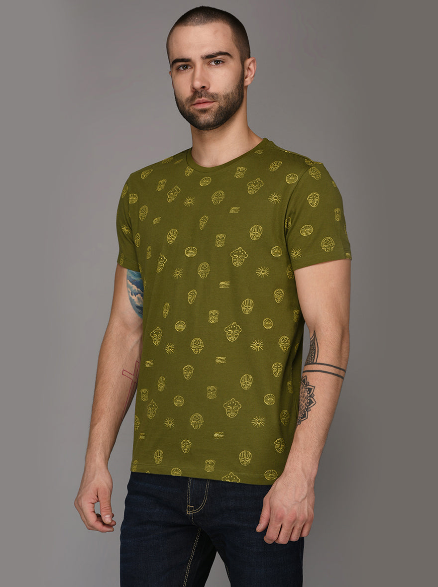 Olive Green Printed Slim Fit Round Neck T-Shirt | JB Sport