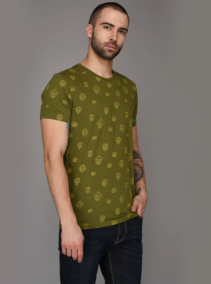 Olive Green Printed Slim Fit Round Neck T-Shirt | JB Sport