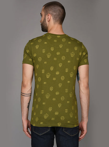 Olive Green Printed Slim Fit Round Neck T-Shirt | JB Sport