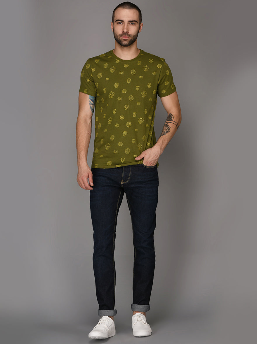 Olive Green Printed Slim Fit Round Neck T-Shirt | JB Sport