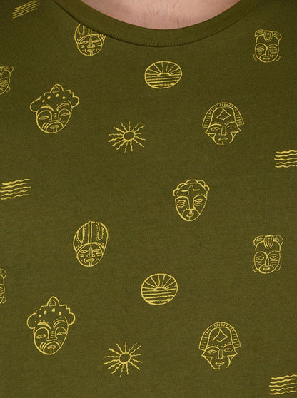 Olive Green Printed Slim Fit Round Neck T-Shirt | JB Sport