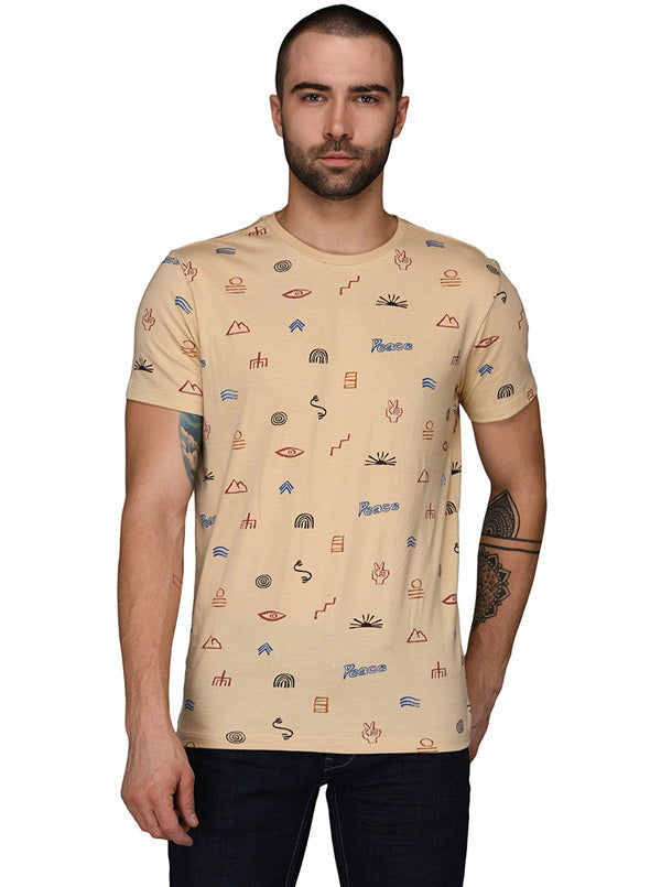 Beige Printed Slim Fit Round Neck T-Shirt | JB Sport