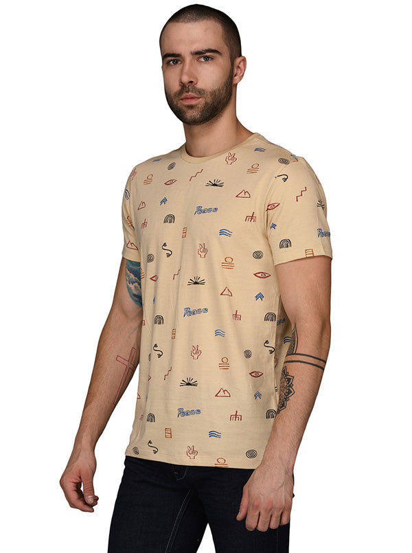 Beige Printed Slim Fit Round Neck T-Shirt | JB Sport