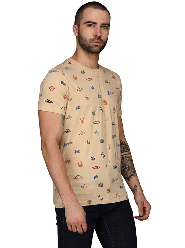 Beige Printed Slim Fit Round Neck T-Shirt | JB Sport