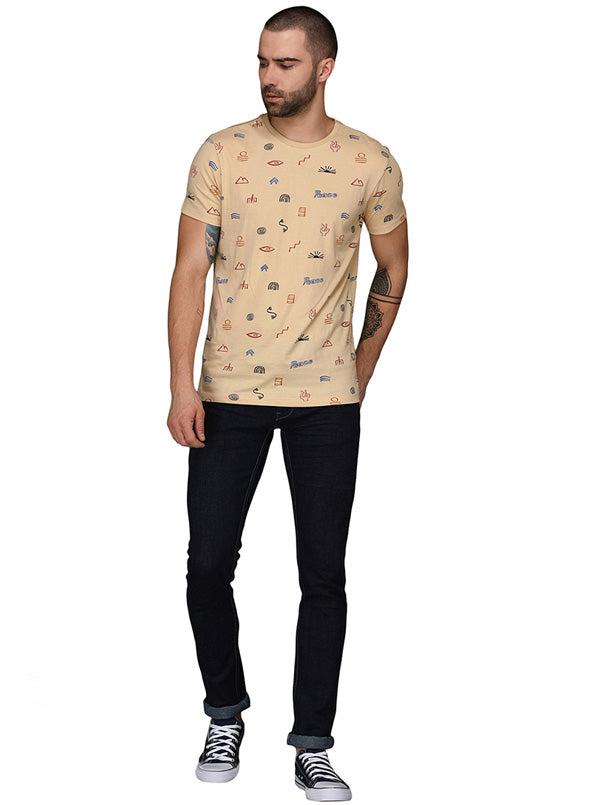 Beige Printed Slim Fit Round Neck T-Shirt | JB Sport