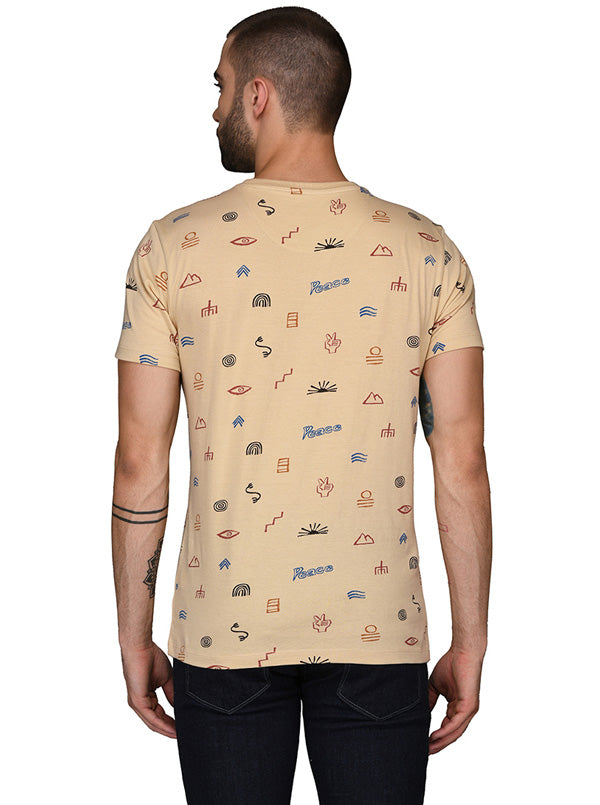 Beige Printed Slim Fit Round Neck T-Shirt | JB Sport