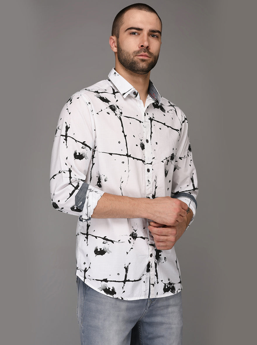 Greenfibre Black & White Printed Slim Fit Casual Shirt