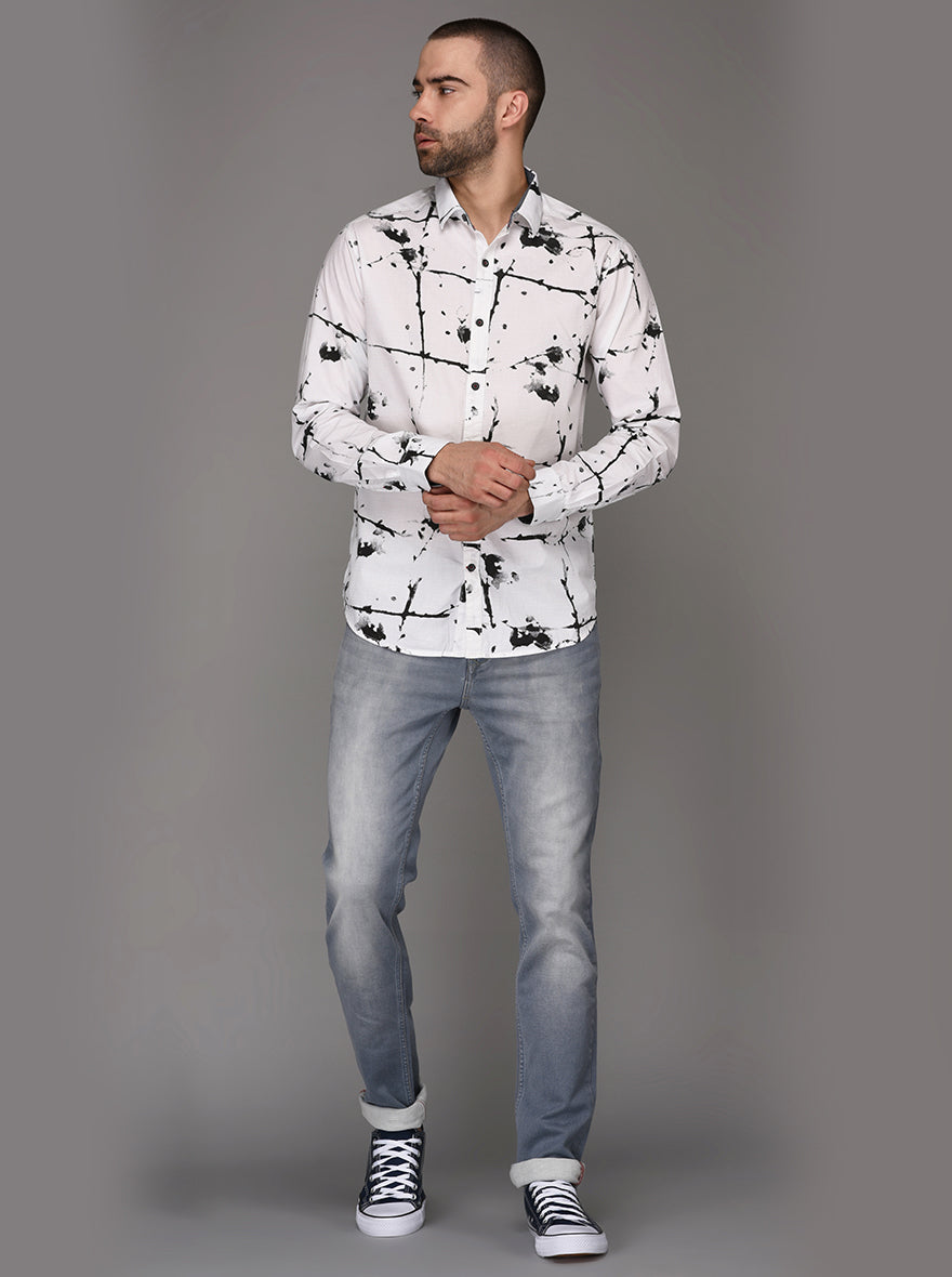 Greenfibre Black & White Printed Slim Fit Casual Shirt