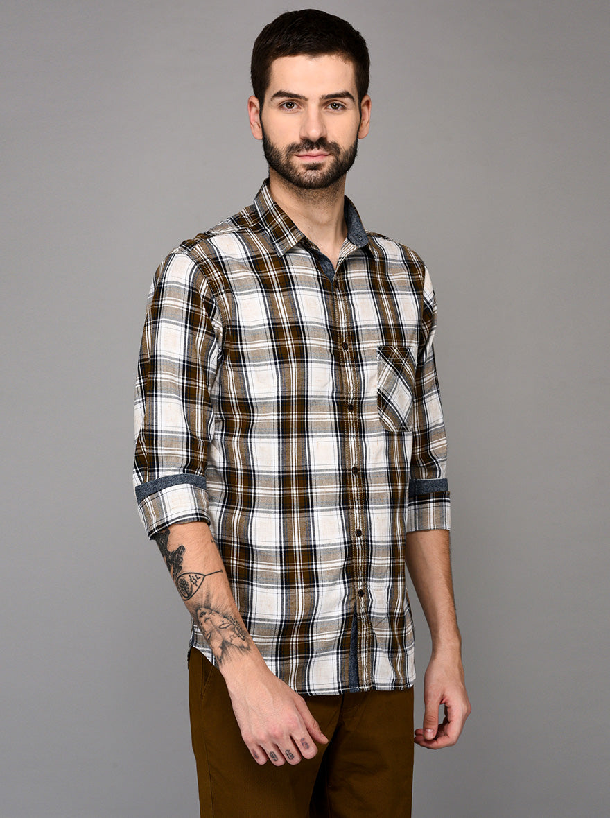 Greenfibre Brown & White Checked Slim Fit Casual Shirt