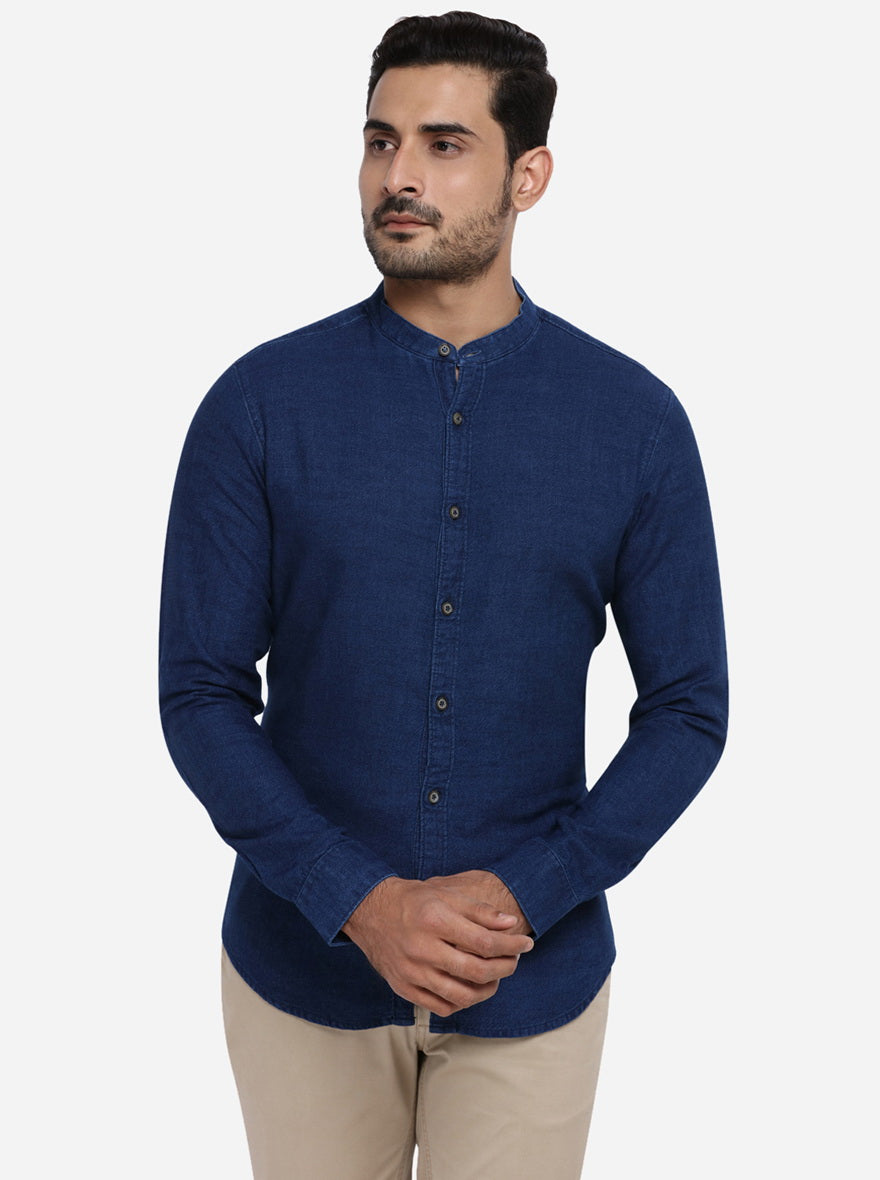 Navy Blue Solid Slim Fit Casual Shirt | Greenfibre