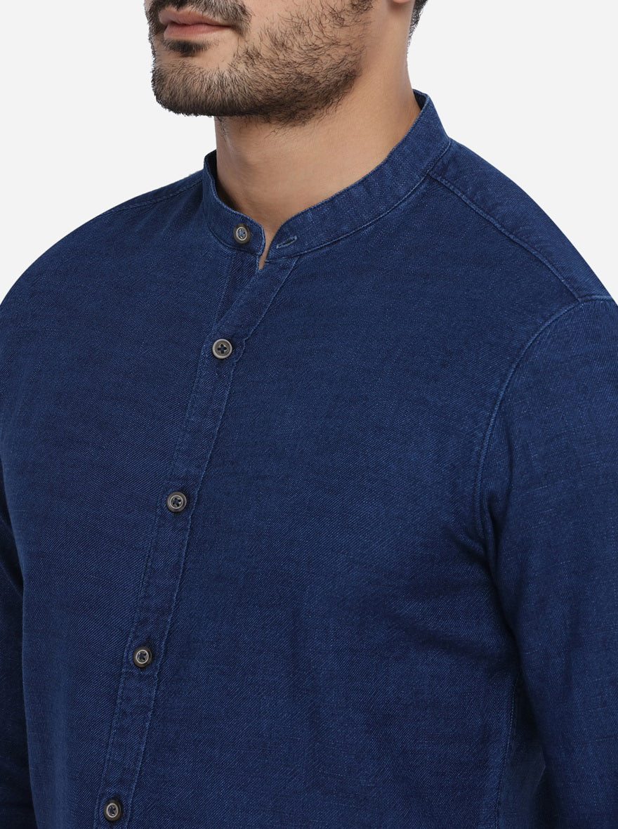 Navy Blue Solid Slim Fit Casual Shirt | Greenfibre