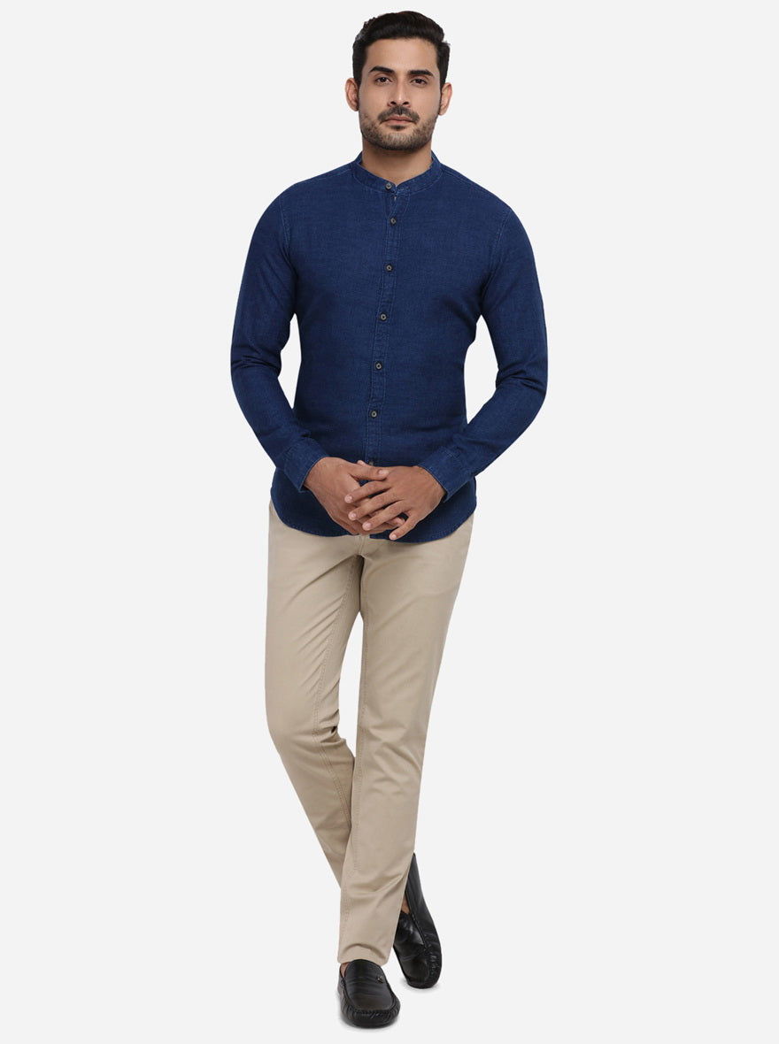 Navy Blue Solid Slim Fit Casual Shirt | Greenfibre