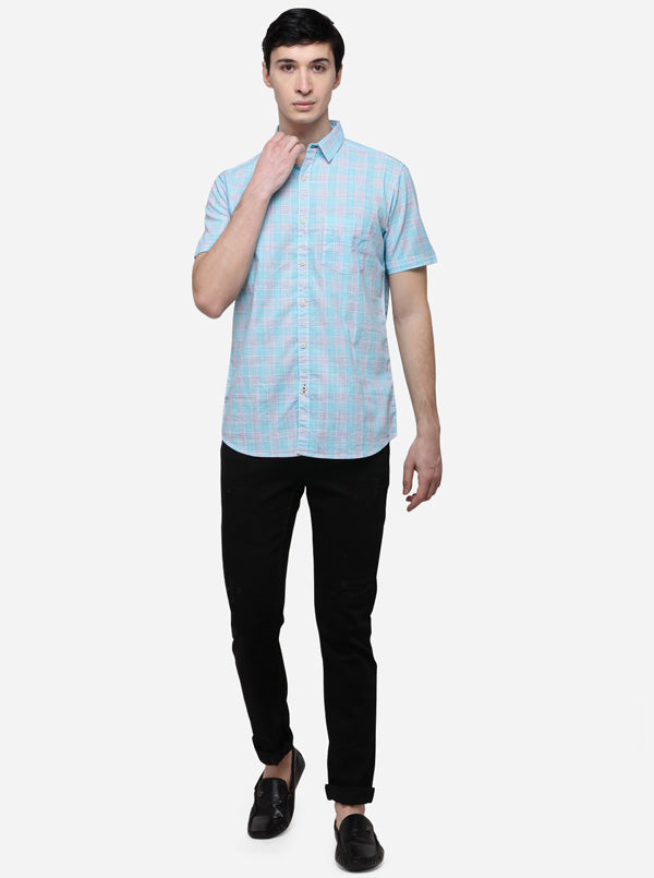 Light Blue Slim Fit Checked Casual Shirt | JB Sport