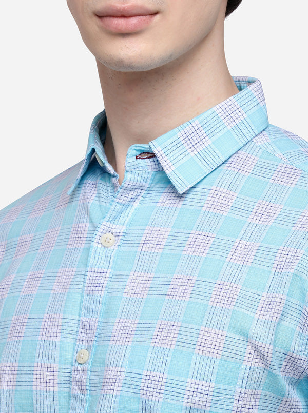 Light Blue Slim Fit Checked Casual Shirt | JB Sport