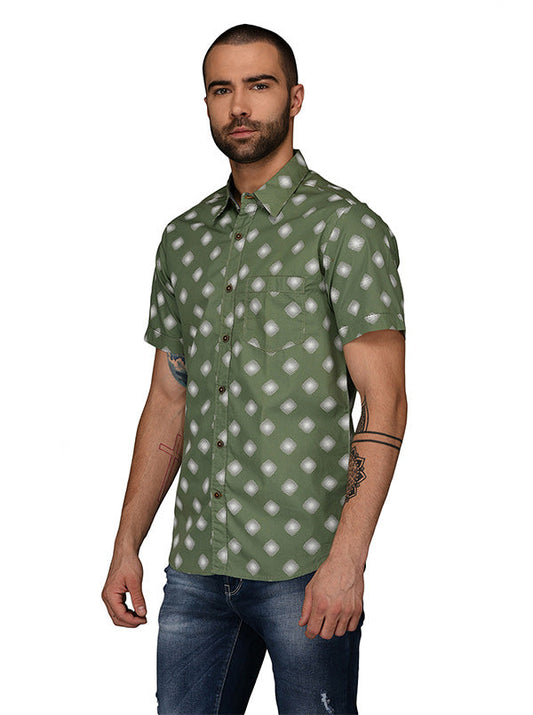 Greenfibre Army Green Printed Slim Fit Casual Shirt
