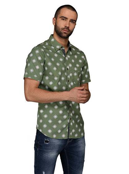 Greenfibre Army Green Printed Slim Fit Casual Shirt