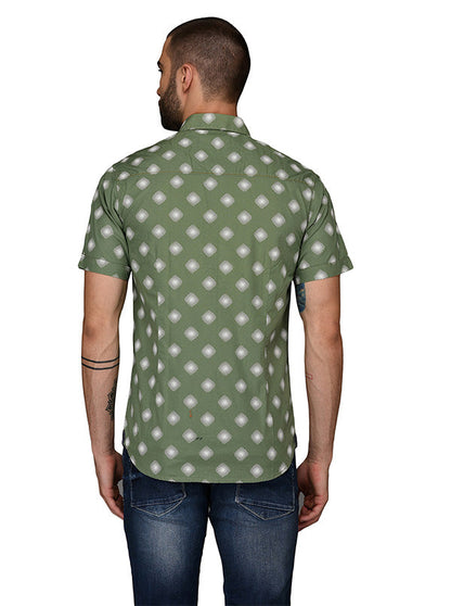 Greenfibre Army Green Printed Slim Fit Casual Shirt
